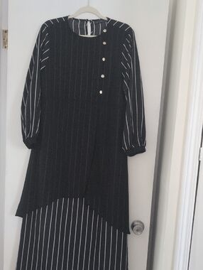 Zanzea Black Maxi Dress with White Pinstripes and Gold Buttons